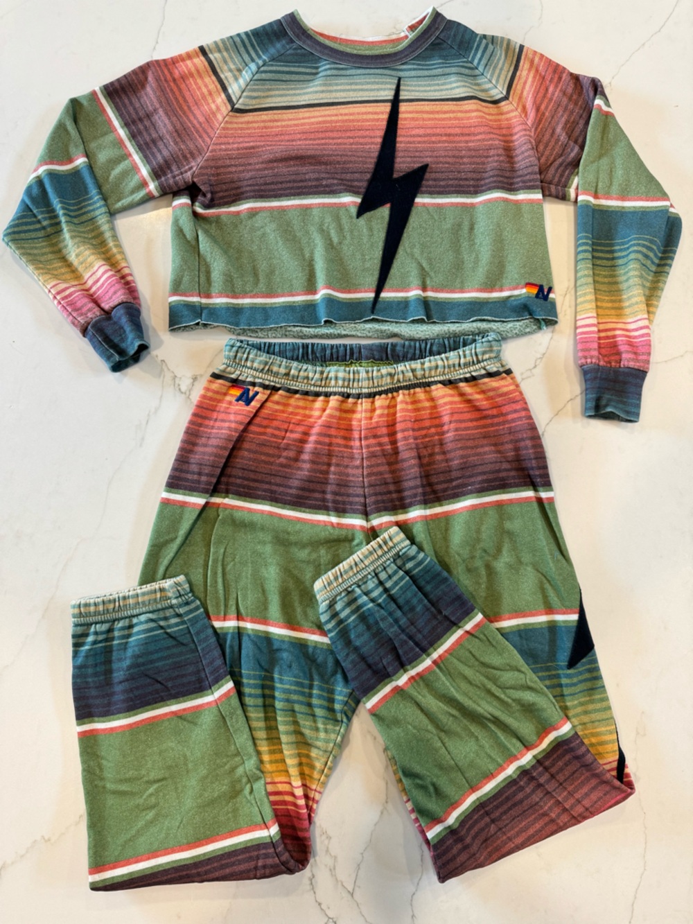 Aviator Nation Green Teal Stripe Pullover with Multicolor Bands